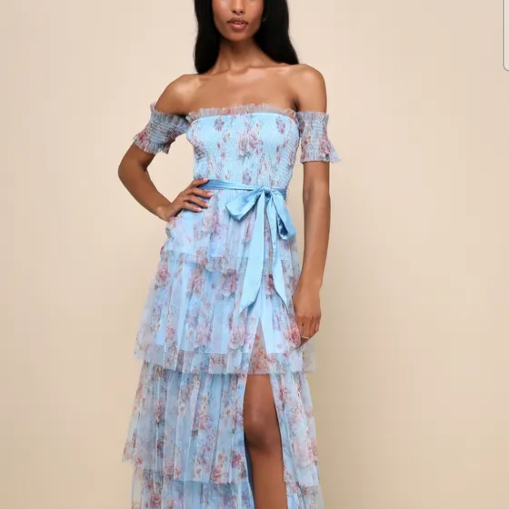 Lulus Pretty Whimsy Blue Floral Tiered Off-the-Shoulder Maxi Dress - Picture 2 of 7